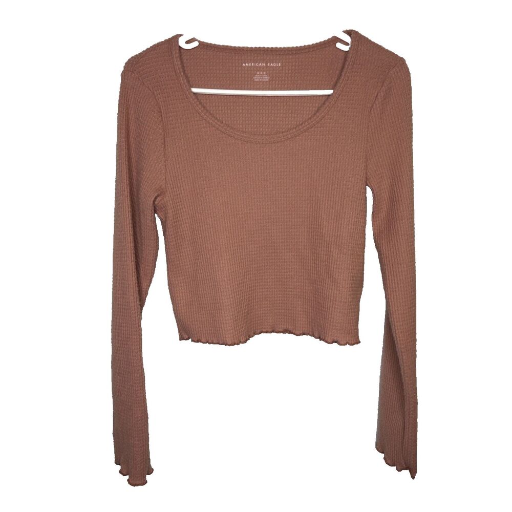 American Eagle Crop Top Size M Womens Pink Waffle Thermal Long Sleeve Y2K